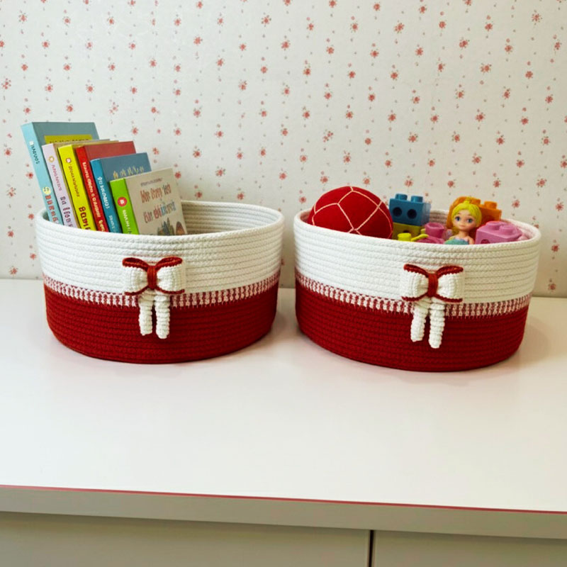 باسكت أحمر فيونكة كروشيه